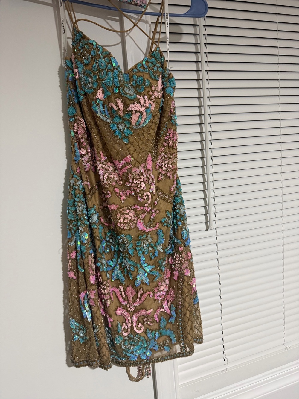 Sherri Hill Olive Mini Dress with Pink & Teal Sequin Embroidery